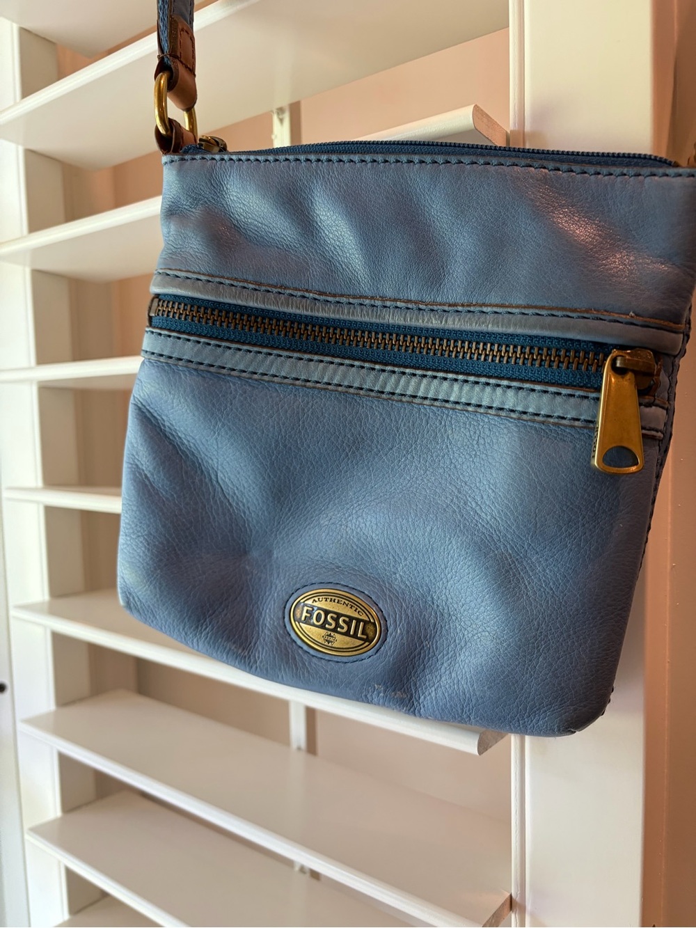 Fossil Light Blue Leather Crossbody Bag with Gold-Tone Accents